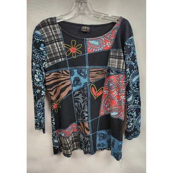 Katina Marie Black Multi Mixed Patchwork Novelty Knit 3/4 Sleeve Top XL - Picture 1 of 6